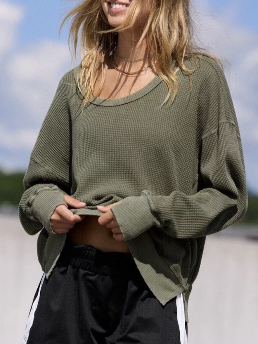 Aerie Olive Waffle Knit Pullover Sweater